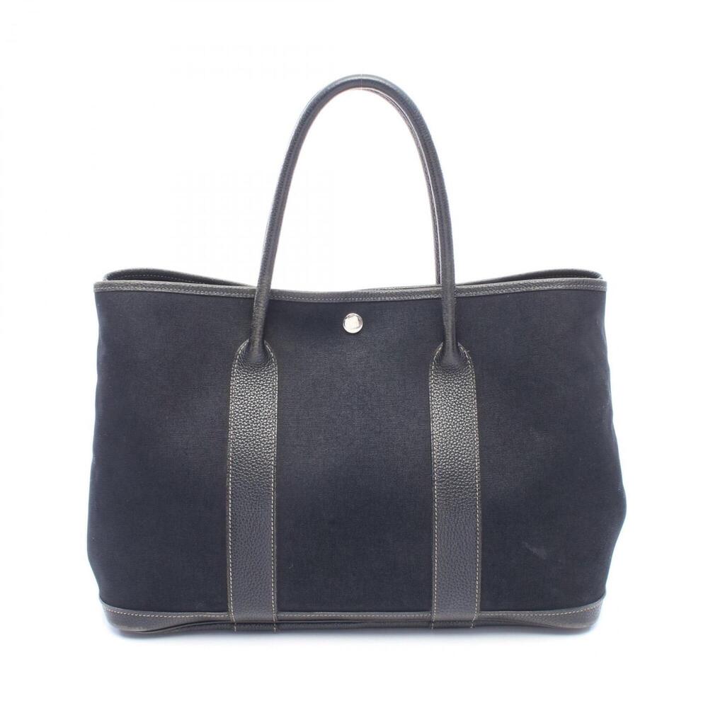 Hermes Garden Party PM Tote Bag Handbag Leather Toile Officier Women's Black